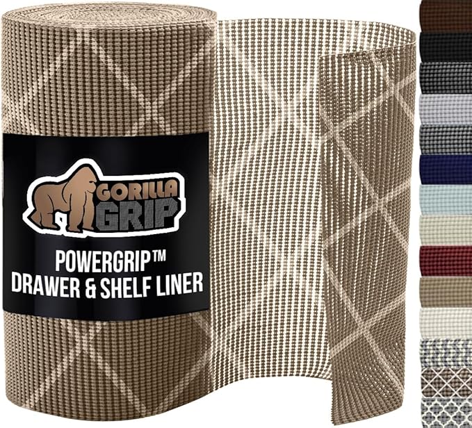 GORILLA GRIP powerGRIP Drawer Shelf and Cabinet Liner, Thick Strong Hold, Non-Adhesive Liners Protect Kitchen Cabinets and Cupboard, Bathroom Drawers, Easy Install, Breathable Mat, 12" x30', Beige