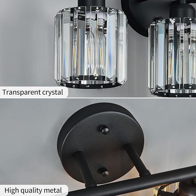 FDPBY Modern 2 Light Crystal Vanity Light, Black Vertical Bathroom Light Fixture Over Mirror for Dressing Table Sink, Compatible with Dimmable Bulbs (Bulbs Not Included)