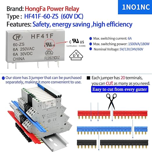 Electromagnetic Relay 60V DC/AC SPDT Converting 110V Through Socket 6A with LED Indicator, Socket Base, DIN Rail, Ultra Thin 6.2mm, UL/CE/VDE Certification