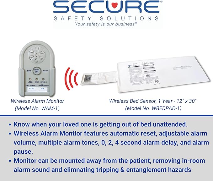 Secure Bed Alarm for Elderly Adults, Dementia Patients, Seniors - 12" x 30" Wireless Bed Sensor Pad, Alarm Monitor Pager, Power Adapter - Fall & Wandering Prevention Caregiver Alert System