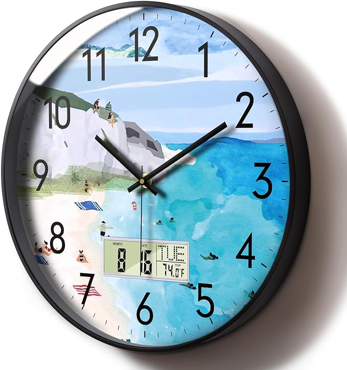 SCOAGE Silent Wall Clock with Temperature Day and Date Blue Mountain and Sea Beach Non-ticking Kitchen Clock Digital Large Display Battery Operated Clocks Decor for Bathroom Living Room Office 12 Inch
