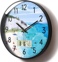 SCOAGE Silent Wall Clock with Temperature Day and Date Blue Mountain and Sea Beach Non-ticking Kitchen Clock Digital Large Display Battery Operated Clocks Decor for Bathroom Living Room Office 12 Inch