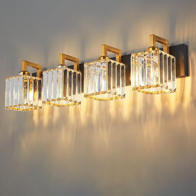 FDPBY Modern Bathroom Vanity Light 4-Lights Black Gold Crystal Wall Lamp Bathroom Modern Crystal Vanity Lighting