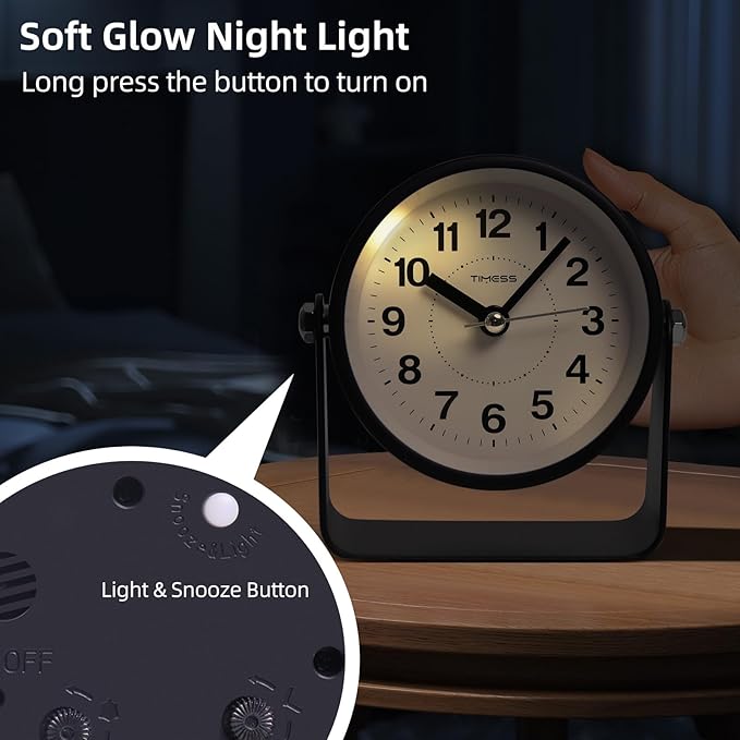 TIMESS Analog Alarm Clock, Silent Non-Ticking Quartz Movement, Battery-Operated with Snooze & On-Demand Light, Easy to Set Gentle Wake Bedside Desk Clock, Ideal for Home, Travel, Office (Black)