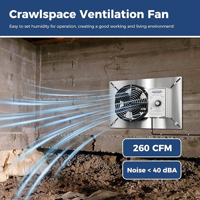 ALORAIR 260 CFM Stainless Steel Crawl Space Vent Fan - Air Out Crawlspace Ventilation Fan with Humidistat Dehumidistat, IP55 Exhaust with Isolation Mesh for Foundation Basements Garage Attic