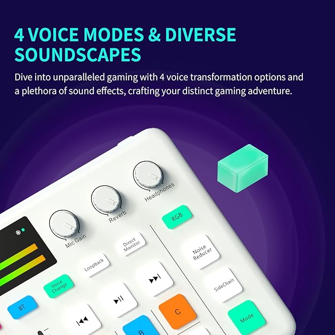 Bonkyo Gaming Audio Mixer & USB Interface with XLR Microphone, Bluetooth 5.0, RGB Effects, 48V Phantom Power, Voice Changer, G1 Sound Card for PS5, TikTok Live Streaming, Podcasting（White）