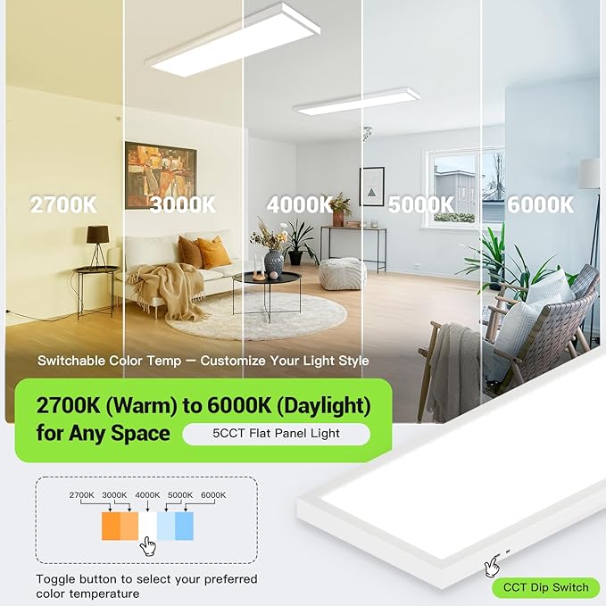 1x4 LED Flat Panel Light,Surface Mount Ceiling Light,5CCT 3000K/3800K/4500K/5200K/6000K,24W/30W/40W 5200LM Smooth Triac Dimming(10-100%),LED Light Fixture for Office Kitchen Garage,White - 2Pack
