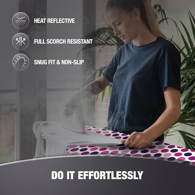 COTTY HOME Extra Thick Ironing Board Covers with Pad Standard Size 15x54, Snug Fit Adjustable Drawstring Tightening with Stopper, Heat Reflective Coating, Nose Pocket and Fastener Straps, Polka Dots