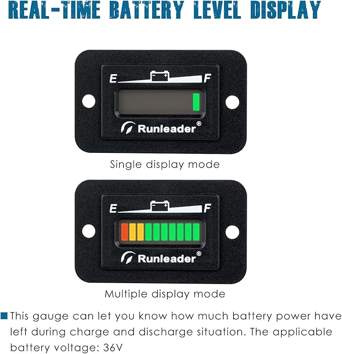 Runleader LED Battery Level Monitor,Volt.36V,Charge and Discharge Display- Only Suitable for Lead Acid Battery,Works on Golf Club Car Left Fork Scrubber RV Travel Trailer Go-Kart.