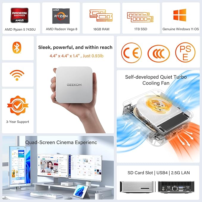 GEEKOM A5 Pro Mini PC (2026) with AMD Ryzen 5 7430U, 16GB DDR4 RAM(Upgradable to 96GB, Not LPDDR), 1TB NVMe SSD, Windows 11 Pro Desktop Computer Support 4 Displays/8K/Wi-Fi 6/6xUSB, 3-Year Coverage