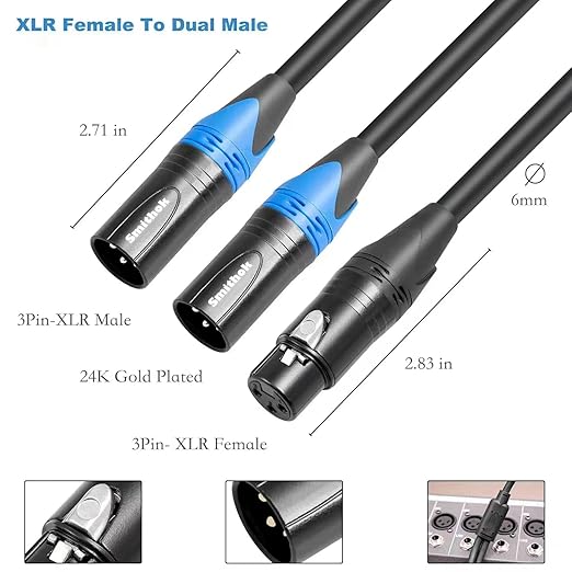 Smithok XLR Splitter Cable,Female to Dual Male Y Cable (XLR Splitter 1 Female to 2 Male),Balanced Microphone Splitter Cord Audio Adaptor - 1.6ft /0.5m