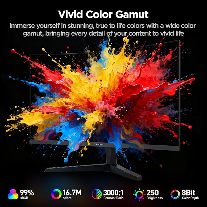KOORUI 27 Inch Curved Gaming Monitor, Full HD 1080p 1500R 180Hz Computer Monitor, 99% sRGB, Adaptive Sync, Display Port 1.2x1 & HDMI 2.0x2, Eye Care, VESA Compatible, Black 27E6CA