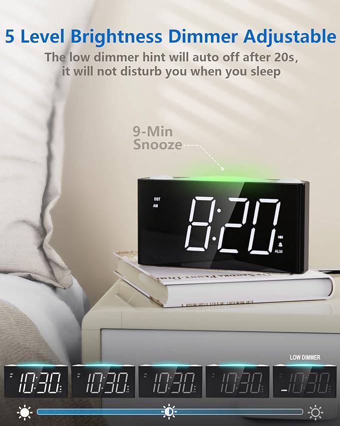 Vibrating Alarm Clock with Bed Shaker for Heavy Sleepers, Beside Clock with Night Light for Bedrooms, 2 USB Chargers,Large LED Display with Dimmer,Snooze 12/24H DST, Battery Backup