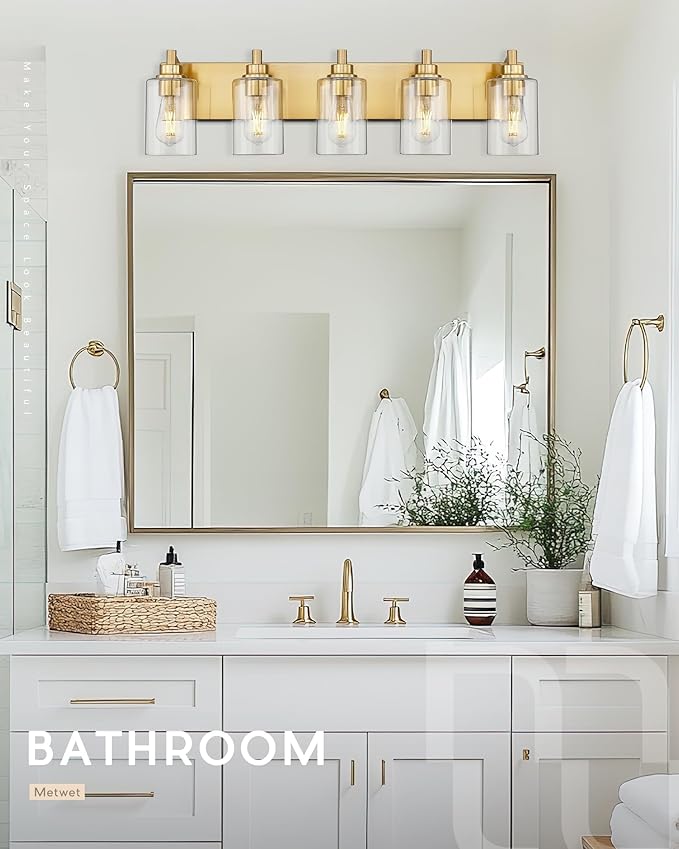 METWET 5-Light Bathroom Light Fixtures, 30 Inch Brushed Gold Vanity Light with Cylinder Clear Glass Shade, Modern Vanity Lighting Fixtures Over Mirror, VL143-BG-5