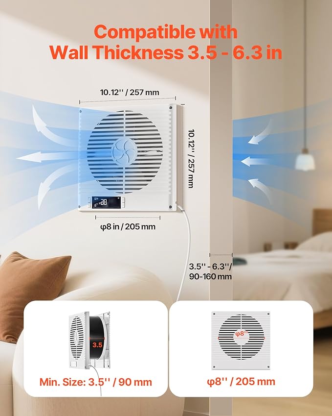 VEVOR Room to Room Fan, Two-Way Airflow Through-the-Wall Fan 8" with Remote, Temperature Control, 305 CFM 10-Speed Ventilation Quiet Vent for Bathroom, Laundry Room and Indoor