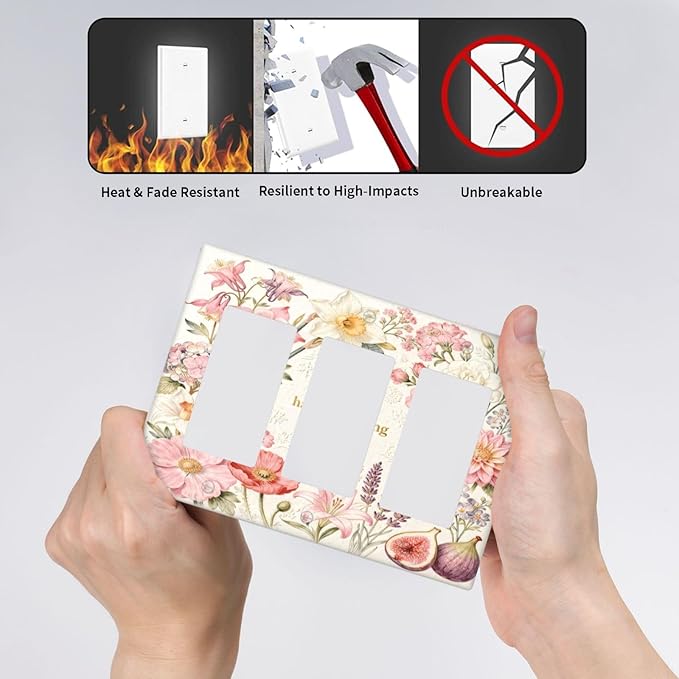 Bvtewkhz Floral Plant Watercolor Flowers 3 Gang Triple Rocker Decorative Outlet Covers Light Switch Plate Electrical Receptacle Switchplate For Bathroom Kitchen Bedroom