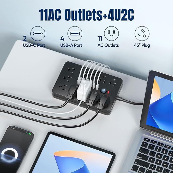 JouleLoom 20 FT Flat Plug Surge Protector Power Strip,11 Multiple AC Outlets with 6 USB Ports (2 USB C), 20 Feet Extension Cord, 1250W/10A, One Touch Switch Button, 17 in 1 Compact powerstrip