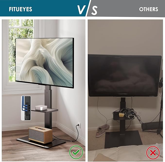 FITUEYES Floor TV Stand for 32-75 inch TV with Power Outlet, Tall TV Stand for Bedroom Living Room with Tempered Glass Base, Floor TV Mount Holds Up to 88lbs MAX VESA 600x400mm,Black
