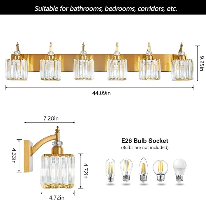 BBLLWJ Crystal Vanity Lights - Gold 6 Light Modern Bathroom Vanity Light Fixtures Over Mirror