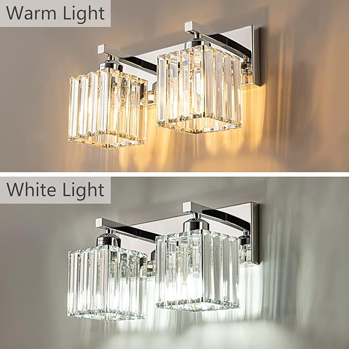 FDPBY Modern Bathroom Vanity Light 2-Lights Chrome Crystal Bathroom Wall Light Vanity Light Fixtures，12.59-inch Modern Minimalist Design