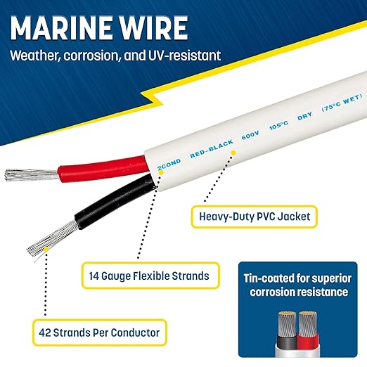 GS Power 100 Ft Duplex Marine Wire, 14 Gauge Wire, Oxygen-Free Tinned Copper 14 AWG Electrical Boat Wiring, Sheathed Copper Marine Grade Electrical Cable for Boat Automotive RV Camper Trailer