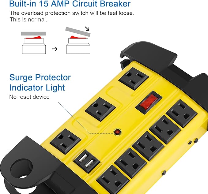 Heavy Duty Power Strip with USB, Workshop 8 Outlet Surge Protector 2700 Joules, Industrial Metal 15Amp Power Strip, 15 FT Extension Cord and Wide Spaced. Yellow