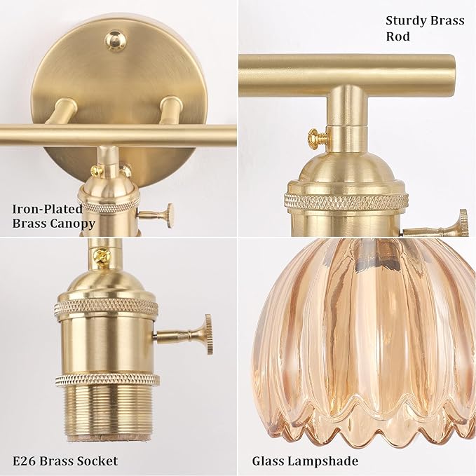 Shenmoyl Bathroom Light Fixtures, 2-Light Brass Vanity Wall Light Over Mirror with Amber Tulip Glass Shade for Bedroom Living Room (Bulb Not Included)