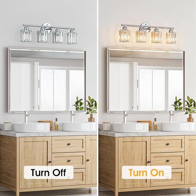FDPBY Modern 4 Light Crystal Vanity Light, Chrome Vertical Bathroom Light Fixture Over Mirror for Dressing Table Sink, Compatible with Dimmable Bulbs (Bulbs Not Included)
