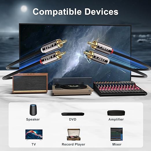 J&D 2 RCA M/M Stereo Audio Cable, Gold-Plated 2RCA Male to 2RCA Male Copper Shell Auxiliary Audio Cord for Home Theater HDTV Amplifiers Hi-Fi Systems Speakers, RCA Audio Cables, 15 Feet