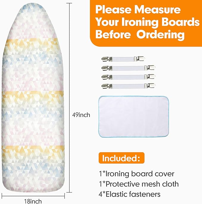 Ironing Board Cover and Pad, 18x49 Extra Wide Thick Iron Padding, Scorch & Stain Resistant Ironing board cover, Heavy Duty Iron Board Padded with Adjustable Fasteners Durable Elastic Edge, Colorful