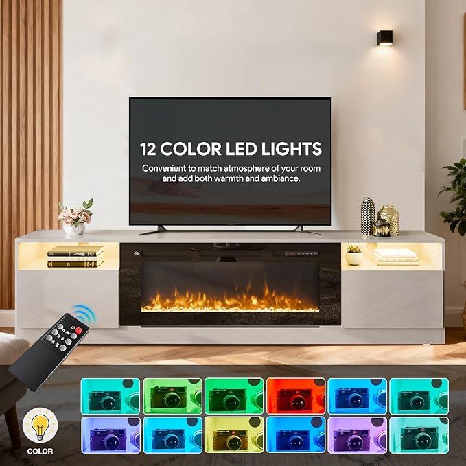 YISUFO 80” TV Stand with 36” Electric Fireplace, Large Modern Media Entertainment Center with Storage Cabinet and 12 Colors LED Lights for TVs Up to 90",Grey and Black