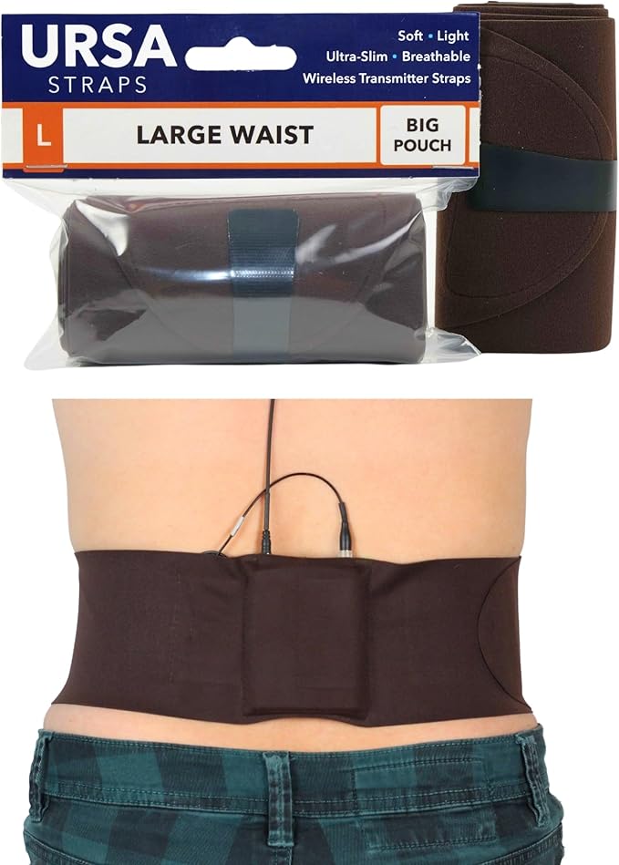 URSA Waist Strap - Ultra Slim, Breathable & Stretchy Microphone Transmitter Straps. Compatible with Most Transmitter/Receivers (Brown, Medium Waist - Big Pouch)
