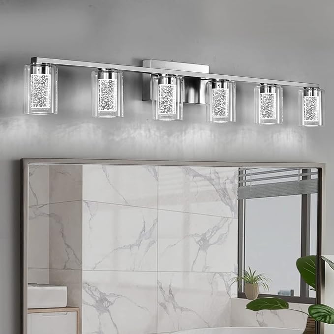 SADENICEL 6 Light Brushed Nickel Bathroom Light Fixtures, LED Vanity Lights Crystal White/Neutral/Warm Bathroom Lights Over Mirror for Bathroom, Bedroom,Living Room (6 Light)