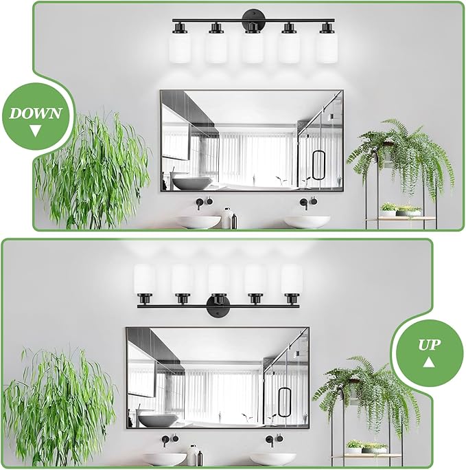 Guliaofo 5-Light Bathroom Light Fixtures, E26 Base Vanity Lights for Mirror with Textured Milky White Glass Shade, Modern Kitchen Light Fixtures Wall Sconce Light - Black