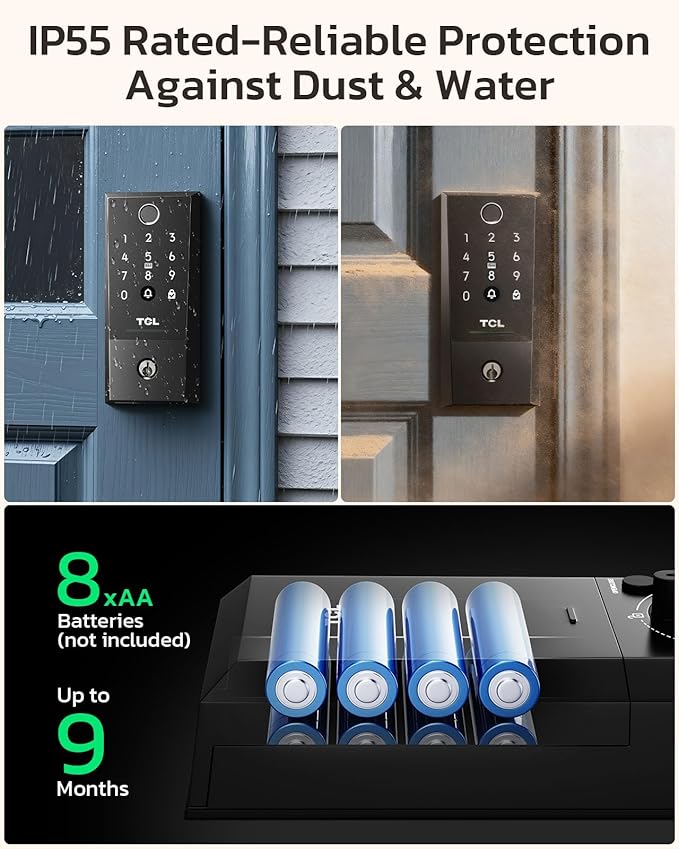 TCL D2 Plus Fingerprint Smart Lock, Wi-Fi Keyless Entry Door Lock, IP55 Weatherproof, Built-in Doorbell, Auto Lock, Easy Install, Black