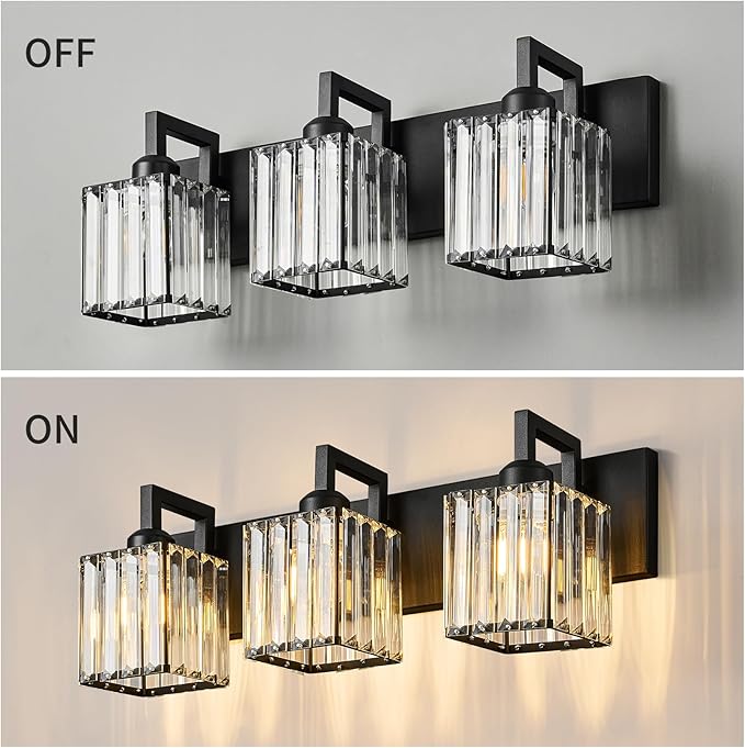 FDPBY Modern Bathroom Vanity Light 3-Lights Black Crystal Wall Lamp Bathroom Modern Crystal Vanity Lighting