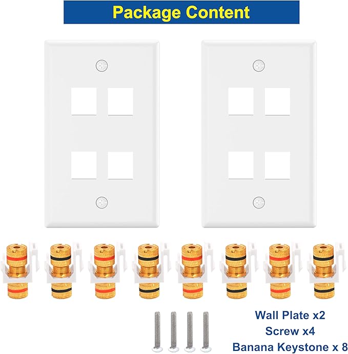 VCE UL-Listed Speaker Wall Plate Gold-Plated, 4-Port Keystone Wall Plate with Banana Jack Binding Post Keystone Jack Insert, 2 Pack