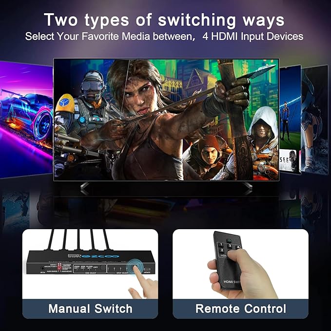 4K@120Hz HDMI 2.1 Switch 4 in 1 Out with Audio Extractor VRR ALLM HDCP2.3 ARC eARC HDR CEC SPDlF Optical and 3.5mm Audio Out D-o-l-b-y Digital EDID for PS5 Xbox NVIDIA AMD