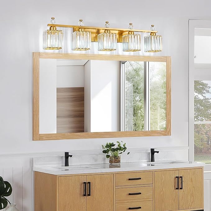 FDPBY Vanity Lights 5-Light Modern Crystal Vanity Light Gold Bathroom Light Fixtures Over Mirror Crystal Bathroom Vanity Lighting Fixtures