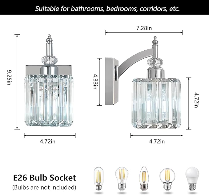 BBLLWJ Modern Wall Sconces Set of Two Chrome Wall Sconces Indoor Wall Lamp Crystal Wall Light Wall Mounted Room Sconce Wall Lighting Bathroom Vanity Light Fixtures
