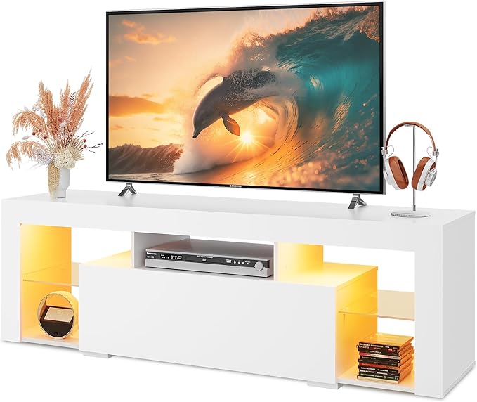 WLIVE TV Stand with LED Lights & 2 Large Storage Drawers, Modern Entertainment Center for 32/43/50/55/60 Inchs TVs, Sturdy TV Console for Living Room, Bedroom(White)
