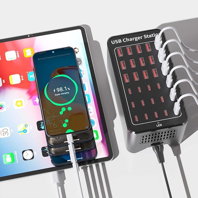 150W(30A) USB Charging Station, 30-Port USB C Charger Block, Multiple Desktop/Wall Fast Charger with Intelligent Protection Compatible with iPhone, iPad, Tablets, Smartphones