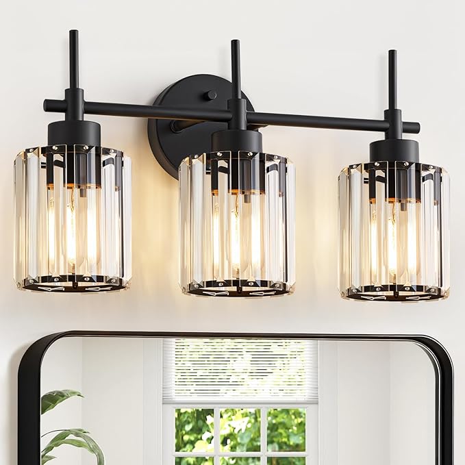 EJIAXIN 3 Light Crystal Vanity Light, Bathroom Lighting Fixtures Over Mirror Black Crystal Wall Light Bath Wall Lighting Modern Bath Wall Sconce Lighting for Bedroom Living Room