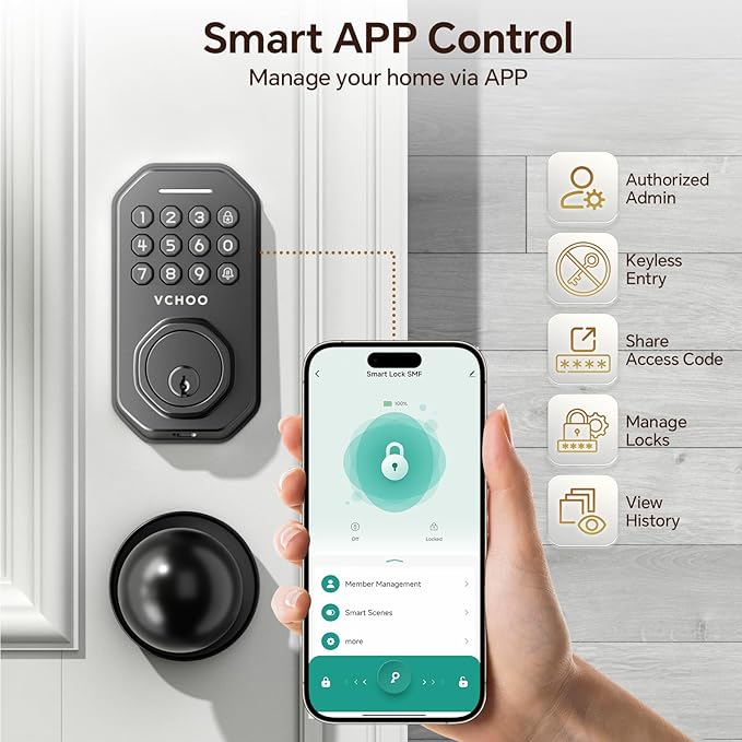 VCHOO Keyless Entry Door Lock with Handle, App Control Door Locks for Front Door, Auto Lock Keypad Door Lock with Handle, Smart Door Lock for Home Hotel Bedroom with 2 Door Knobs