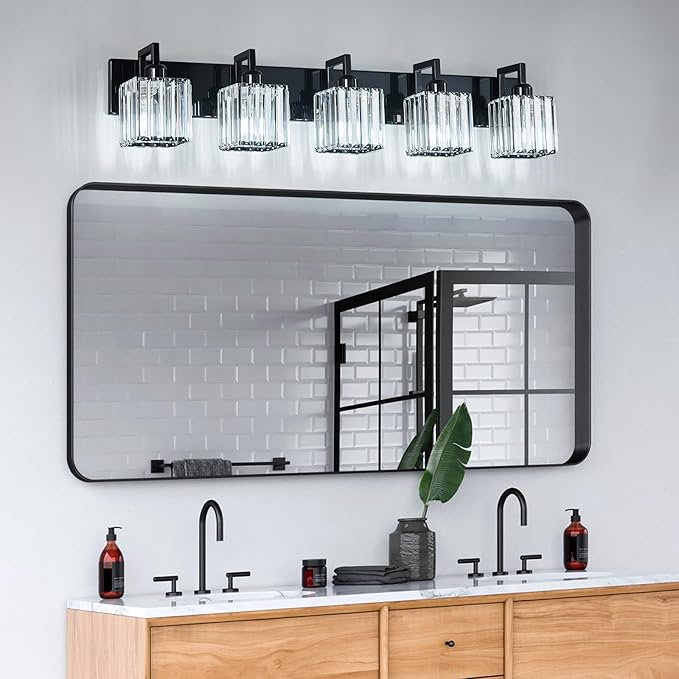 FDPBY Modern Bathroom Vanity Light 5-Lights Plating Black Crystal Bathroom Wall Light Vanity Light Fixtures