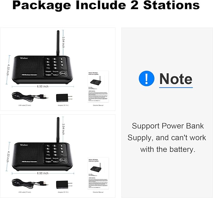 Wuloo Intercoms Wireless for Home 1 Mile (5280 Feet) Range 10 - Channel, Wireless Home Intercom System for House Business Office, Room to Room Intercom, Home Communication System (2 Packs, Black)