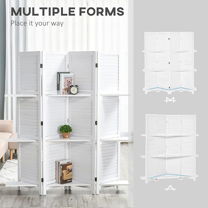 HOMCOM Room Divider, 4 Panel 67" Tall Wood Privacy Screen with 3 Display Shelves, and Folding Storage for Bedroom or Home Office, White