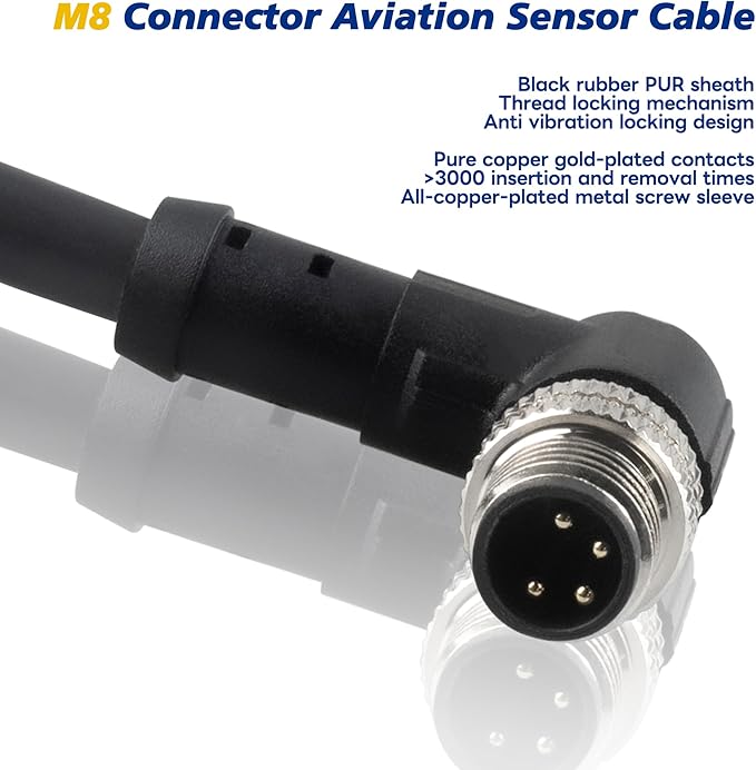 Lonlonty M8 Aviation Sensor Cable 4 Pin M8 Industrial Sensor Connector Shielded Cable,Field Assembly 8mm Connector A Coding Shielded 6.5Ft/2M (4-Pin,Right Angle,Male)
