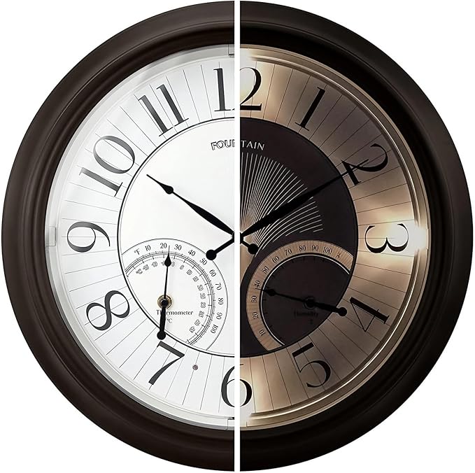 FOUNTAIN DESIGNS 18 Inch Illuminated in/Outdoor Clock with Smart Sensor and Night Light, Waterproof, Large Wall Clock with Thermometer & Hygrometer for Patio,Pool and Garden Decor,Oil Rubbed Bronze