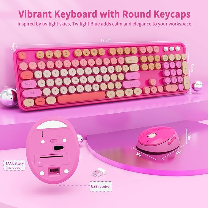 Nowlike Wireless Keyboard and Mouse Combo, Retro Typewriter Keyboard with Round Keycaps, Full-Size Ergonomic, Red, Ideal for Windows PC, Home, Office, and College, Wireless Keyboard Mouse Combo